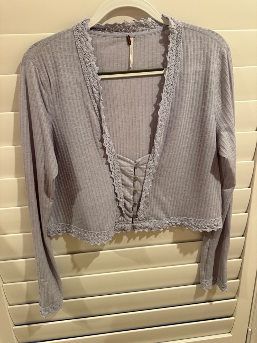 Free People Lavender Ribbed Lace-Trim Button Crop Cardigan